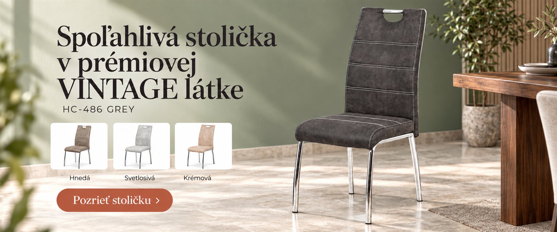 Spoľahlivá stolička HC-486 GREY v prémiovej VINTAGE látke, dostupná aj v hnedej, svetlosivej a krémovej
