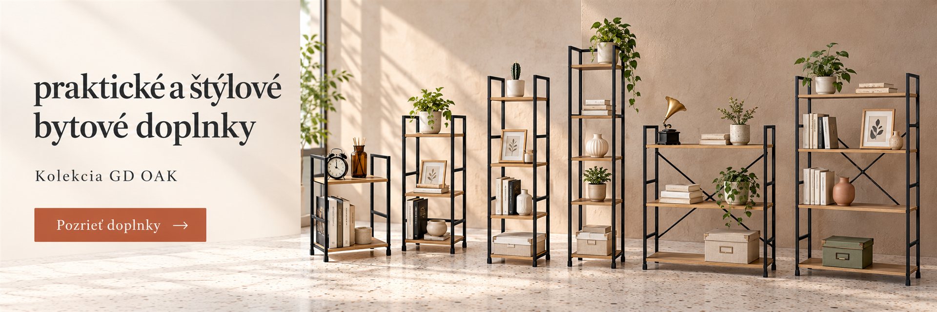 Praktické a štýlové bytové doplnky – kolekcia regálov GD-212, GD-213, GD-214, GD-215, GD-223 a GD-224 OAK